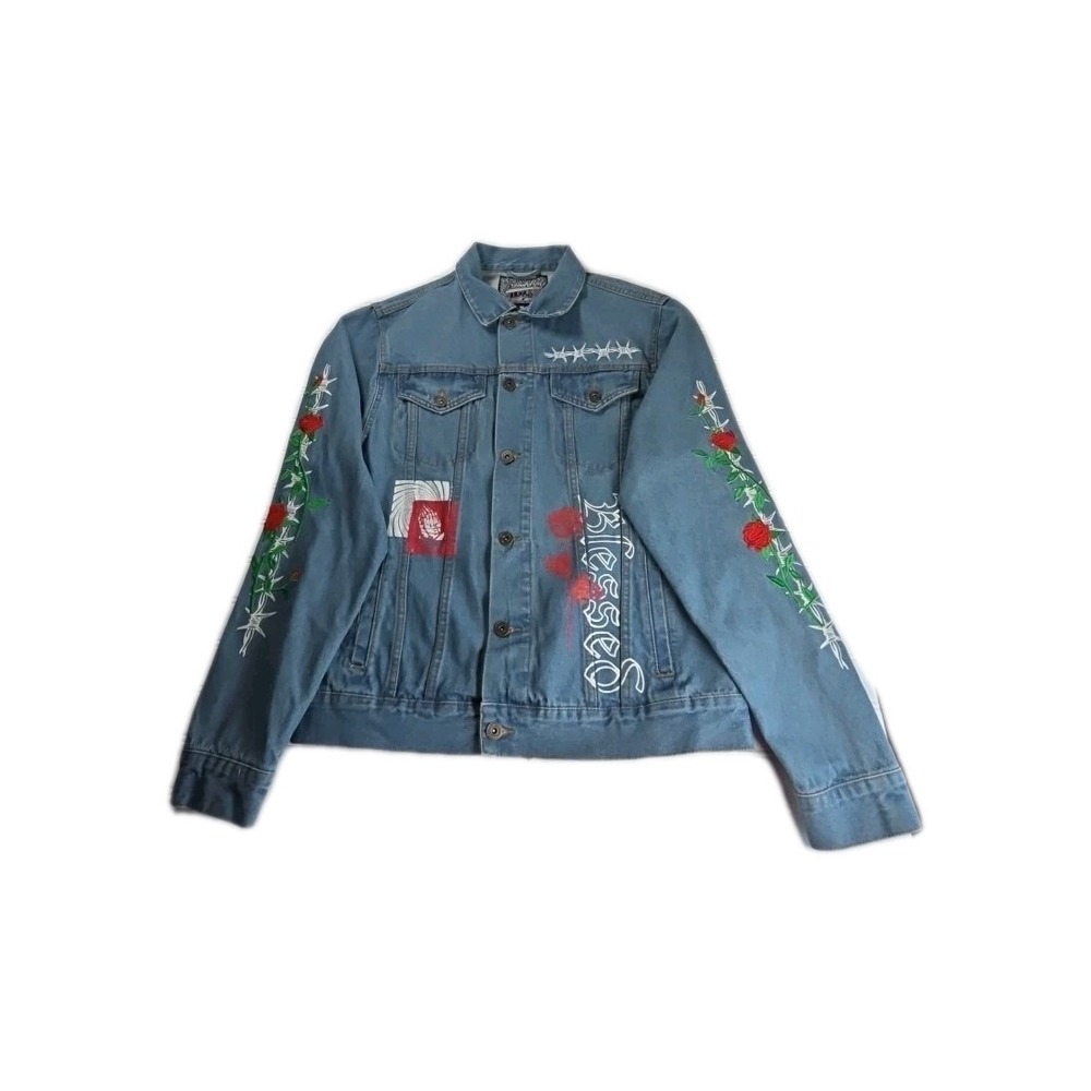 Brooklyn Jean Denim Jacket BLESSED UNISEX M Embroidered Religious Roses Thorns